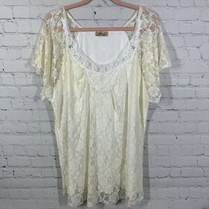 Lavish Tunic Lace Women Plus 3X Cream Romantic Femenine Crochet Cottage Blouse